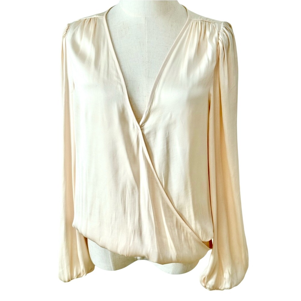 Sincerely Jules Cream Satin Faux Wrap Blouse Large Soft Girl Vanilla⁠